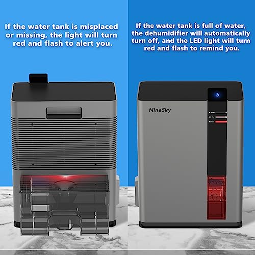 NineSky Dehumidifier for Home, 98 OZ Water Tank, (800 sq.ft) Dehumidifiers for Bathroom, Bedroom with Auto Shut Off, 5 Colors LED Light(H2 Gray)