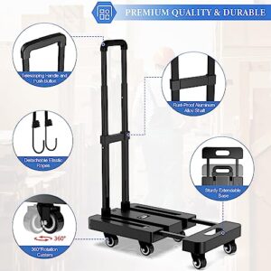 SOYO Folding Hand Truck, 500lbs Heavy Duty Dolly, Portable 6 Wheels Collapsible Luggage Cart with 2 Elastic Ropes for Moving, Travel, Shopping, House Office Use, Black