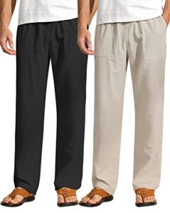 ficerd 2 pcs men's drawstring linen pants men casual beach trousers with pocket lightweight elastic yoga pant (black, khaki, large)