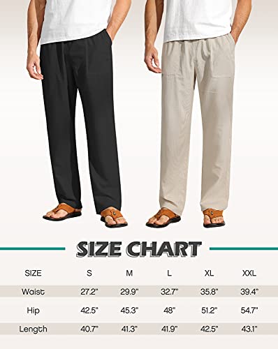 Ficerd 2 Pcs Men's Drawstring Linen Pants Men Casual Beach Trousers with Pocket Lightweight Elastic Yoga Pant (Black, Khaki, Large)