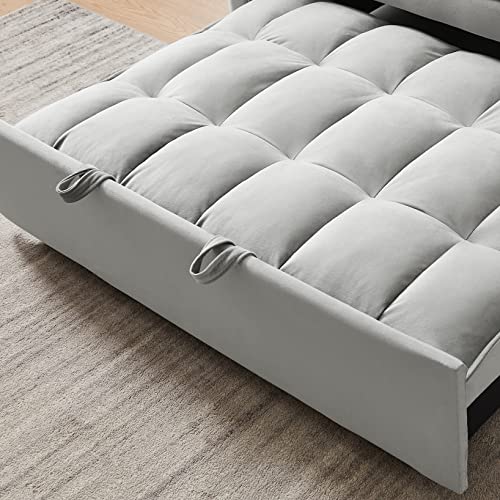 P PURLOVE Upholstered Modern Sofa Bed with Armrest, Convertible Sofa Couch with Adjustable Backrest and 2 Storage Bags, Sleeper Bed for Living Room, Bedroom, Office, Gray