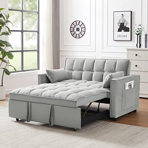P PURLOVE Upholstered Modern Sofa Bed with Armrest, Convertible Sofa Couch with Adjustable Backrest and 2 Storage Bags, Sleeper Bed for Living Room, Bedroom, Office, Gray