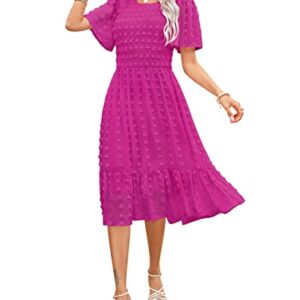 Kranda 2023 Women Summer Casual Short Sleeve Solid Midi Dress Round Neck Flutter Sleeve Smocked Ruffle Swing Flowy Swiss Dot Hot Pink Dress XL