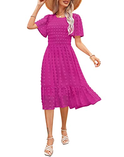 Kranda 2023 Women Summer Casual Short Sleeve Solid Midi Dress Round Neck Flutter Sleeve Smocked Ruffle Swing Flowy Swiss Dot Hot Pink Dress XL