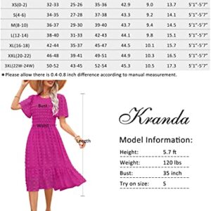 Kranda 2023 Women Summer Casual Short Sleeve Solid Midi Dress Round Neck Flutter Sleeve Smocked Ruffle Swing Flowy Swiss Dot Hot Pink Dress XL