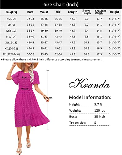 Kranda 2023 Women Summer Casual Short Sleeve Solid Midi Dress Round Neck Flutter Sleeve Smocked Ruffle Swing Flowy Swiss Dot Hot Pink Dress XL