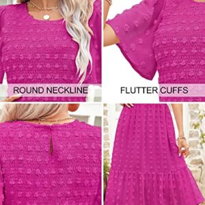 Kranda 2023 Women Summer Casual Short Sleeve Solid Midi Dress Round Neck Flutter Sleeve Smocked Ruffle Swing Flowy Swiss Dot Hot Pink Dress XL