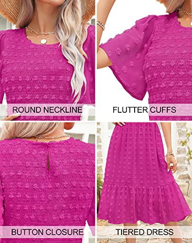 Kranda 2023 Women Summer Casual Short Sleeve Solid Midi Dress Round Neck Flutter Sleeve Smocked Ruffle Swing Flowy Swiss Dot Hot Pink Dress XL