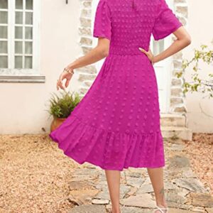 Kranda 2023 Women Summer Casual Short Sleeve Solid Midi Dress Round Neck Flutter Sleeve Smocked Ruffle Swing Flowy Swiss Dot Hot Pink Dress XL