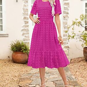 Kranda 2023 Women Summer Casual Short Sleeve Solid Midi Dress Round Neck Flutter Sleeve Smocked Ruffle Swing Flowy Swiss Dot Hot Pink Dress XL