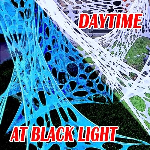 YHFUISK Glow in The Dark Giant Spider Webs Halloween Decorations Outdoor, Blacklight Stretchy Beef Netting for Halloween Party, Spider Web Halloween Indoor Outdoor Decor for Haunted House