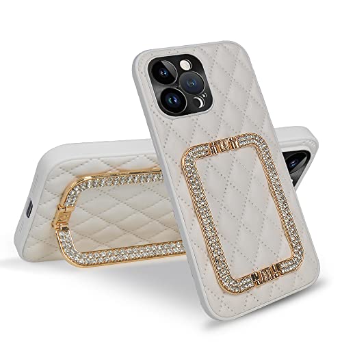 HALATUA Luxury iPhone 13 Pro Max Case with Glitter Diamond Stand, Soft Quilted Leather Design for Women & Girls 6.7" (White)