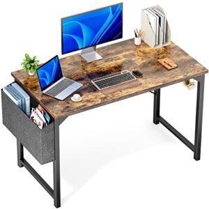 olixis computer desk writing work modern pc table with storage and hooks for bedroom, home office, 2 person use, 47 inches, rustic brown
