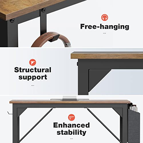 OLIXIS Computer Desk Writing Work Modern PC Table with Storage and Hooks for Bedroom, Home Office, 2 Person Use, 47 Inches, Rustic Brown