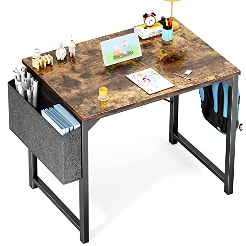 OLIXIS Desk Small Computer Writing Table with Storage and Hooks for Home Office, Kids, Student, Teacher Work Study, 31 Inches, Rustic Brown