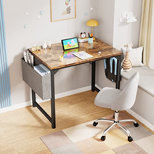 OLIXIS Desk Small Computer Writing Table with Storage and Hooks for Home Office, Kids, Student, Teacher Work Study, 31 Inches, Rustic Brown