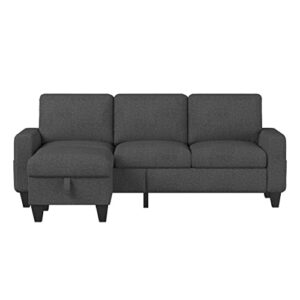 Lonkwa Convertible Sectional Sofa L-Shaped Couch, Dark Gray Couches for Living Room with Reversible Chaise, 3-Seat Modern Linen Sectional Couch for Living Room/Apartment/Office/Small Space