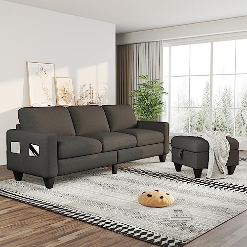 Lonkwa Convertible Sectional Sofa L-Shaped Couch, Dark Gray Couches for Living Room with Reversible Chaise, 3-Seat Modern Linen Sectional Couch for Living Room/Apartment/Office/Small Space