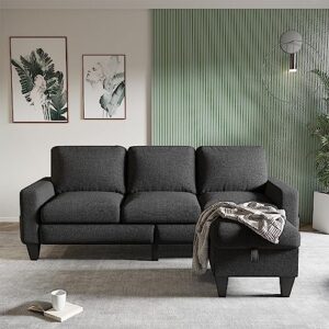 Lonkwa Convertible Sectional Sofa L-Shaped Couch, Dark Gray Couches for Living Room with Reversible Chaise, 3-Seat Modern Linen Sectional Couch for Living Room/Apartment/Office/Small Space