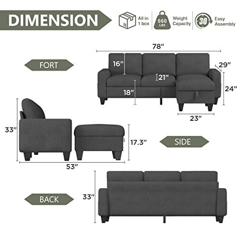 Lonkwa Convertible Sectional Sofa L-Shaped Couch, Dark Gray Couches for Living Room with Reversible Chaise, 3-Seat Modern Linen Sectional Couch for Living Room/Apartment/Office/Small Space