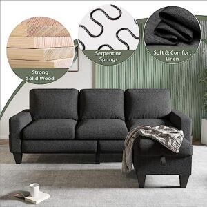 Lonkwa Convertible Sectional Sofa L-Shaped Couch, Dark Gray Couches for Living Room with Reversible Chaise, 3-Seat Modern Linen Sectional Couch for Living Room/Apartment/Office/Small Space