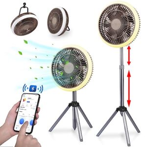 smart standing fan, 9.5" rechargeable camping fan built in 10000 mah battery, oscillating fan with adjustable height tripod, floor standing fan with bluetooth connect app control speeds, timer, lights