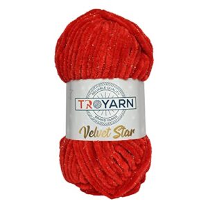 troyarn velvet star silvery glitter chenille baby blanket yarn amigurumi yarn for crocheting and knitting super bulky 100 gr (120 yds) (10408 - red)