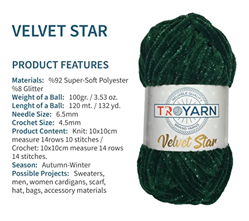 Troyarn Velvet Star Silvery Glitter Chenille Baby Blanket Yarn Amigurumi Yarn for Crocheting and Knitting Super Bulky 100 gr (120 yds) (10408 - Red)