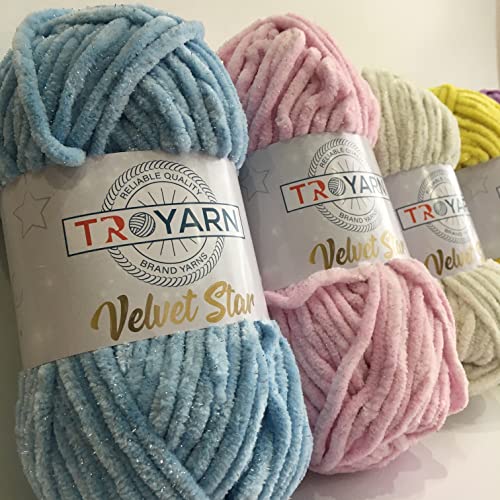 Troyarn Velvet Star Silvery Glitter Chenille Baby Blanket Yarn Amigurumi Yarn for Crocheting and Knitting Super Bulky 100 gr (120 yds) (10408 - Red)