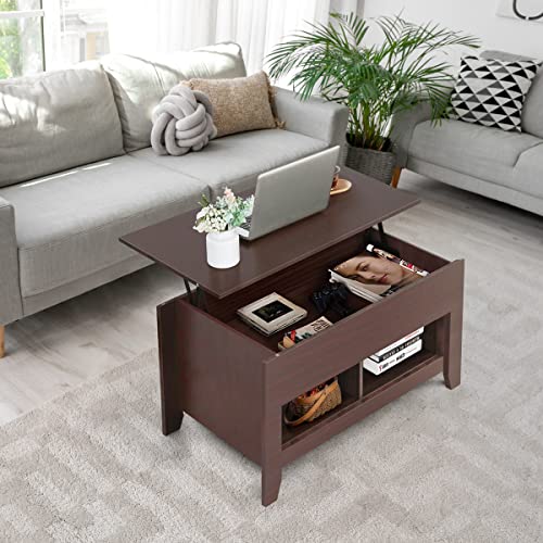 Lifetime Home Upgraded Lift Top Coffee Table with Hidden Compartment and Storage Shelf - Living Room Dining Table with Rising Tabletop Lifttop Desk for Apartment, Home, Condo - Espresso