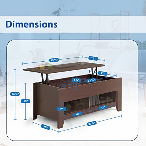 Lifetime Home Upgraded Lift Top Coffee Table with Hidden Compartment and Storage Shelf - Living Room Dining Table with Rising Tabletop Lifttop Desk for Apartment, Home, Condo - Espresso