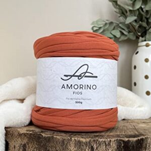 AMORINO FIOS Premium 36mm t-Shirt Yarn (Terracotta), Very Soft Crochet Yarn, Crochet Yarn with Perfect Elasticity and Softness, Yarn for Crafts, knotless Cotton Yarn, Macrame t-Shirt Yarn.