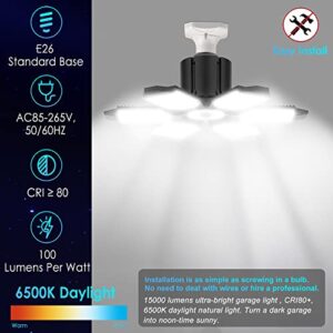 LED Garage Light Bulb, 150W 15000LM Deformable LED Garage Ceiling Light with 6 Adjustable Panels, E26/E27 Screw-in Bulb Base LED Shop Light, 6000k Daylight Lighting for Garage, Basement, Barn