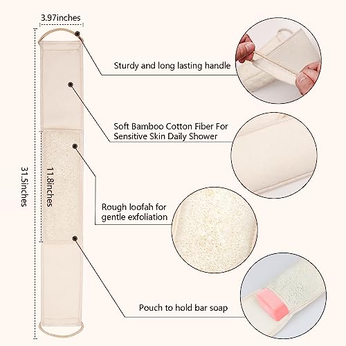 Natural Exfoliating Loofah Back Scrubber for Shower Bath - Long Handle Dual-Sided Luffa Back Washer Back Exfoliator Body Loofa Sponge Scrubbers for Deep Cleaning Skin Exfoliation with Shower Strap