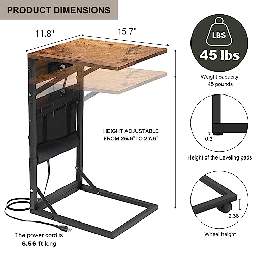 Youmechi C Shaped End Table with Charging Station, Side Tables Slide Under for Couch Sofa and Bed, Adjustable Height Small Side Table with Storage Bag and Wheels for Living Room Bedroom, Rustic Brown