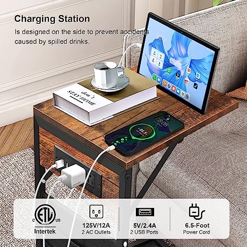 Youmechi C Shaped End Table with Charging Station, Side Tables Slide Under for Couch Sofa and Bed, Adjustable Height Small Side Table with Storage Bag and Wheels for Living Room Bedroom, Rustic Brown