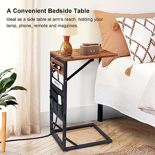 Youmechi C Shaped End Table with Charging Station, Side Tables Slide Under for Couch Sofa and Bed, Adjustable Height Small Side Table with Storage Bag and Wheels for Living Room Bedroom, Rustic Brown