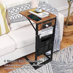 Youmechi C Shaped End Table with Charging Station, Side Tables Slide Under for Couch Sofa and Bed, Adjustable Height Small Side Table with Storage Bag and Wheels for Living Room Bedroom, Rustic Brown