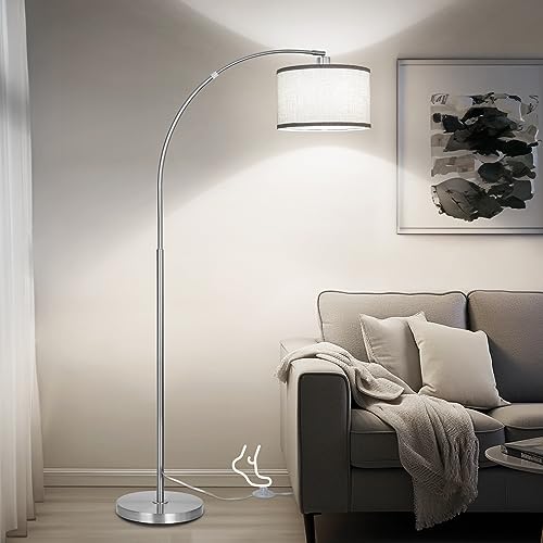 Arc Floor Lamp for Living Room, Silver Modern Standing Lamp with Adjustable Head Tall Pole Lamp with On/Off Pedal Switch, Over Couch Arched Tall standing light for Reading Bedroom 9W LED Bulb Included