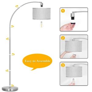 Arc Floor Lamp for Living Room, Silver Modern Standing Lamp with Adjustable Head Tall Pole Lamp with On/Off Pedal Switch, Over Couch Arched Tall standing light for Reading Bedroom 9W LED Bulb Included