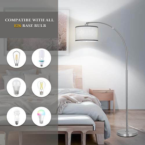 Arc Floor Lamp for Living Room, Silver Modern Standing Lamp with Adjustable Head Tall Pole Lamp with On/Off Pedal Switch, Over Couch Arched Tall standing light for Reading Bedroom 9W LED Bulb Included