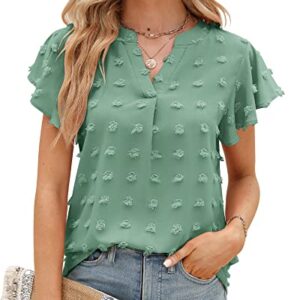 Womens Summer Casual V Neck Tops Ruffle Short Sleeve Tunic Swiss Dot Dressy Flowy Blouses Shirts 2023 Light Green