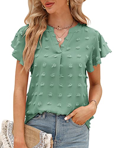 Womens Summer Casual V Neck Tops Ruffle Short Sleeve Tunic Swiss Dot Dressy Flowy Blouses Shirts 2023 Light Green