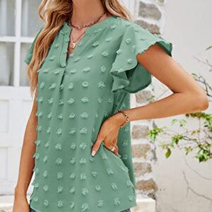 Womens Summer Casual V Neck Tops Ruffle Short Sleeve Tunic Swiss Dot Dressy Flowy Blouses Shirts 2023 Light Green