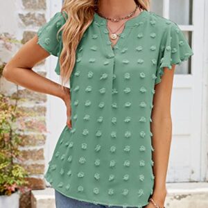 Womens Summer Casual V Neck Tops Ruffle Short Sleeve Tunic Swiss Dot Dressy Flowy Blouses Shirts 2023 Light Green