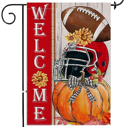 Fall Garden Flag, Welcome Fall Football Yard Flag 12x18 Double-Sided Autumn, Fall Football Pumpkins Welcome Garden Flags Burlap Signs Home Decorations Outdoor Farmhouse