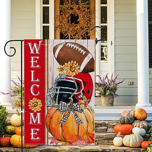 Fall Garden Flag, Welcome Fall Football Yard Flag 12x18 Double-Sided Autumn, Fall Football Pumpkins Welcome Garden Flags Burlap Signs Home Decorations Outdoor Farmhouse