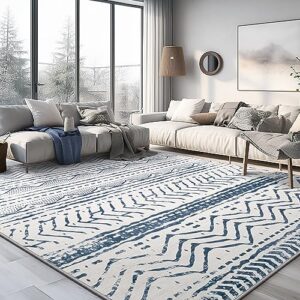 area rug living room rugs - 9x12 machine washable moroccan geometric neutral soft low pile stain resistant large thin rug floor carpet for bedroom under dining table home office - navy blue
