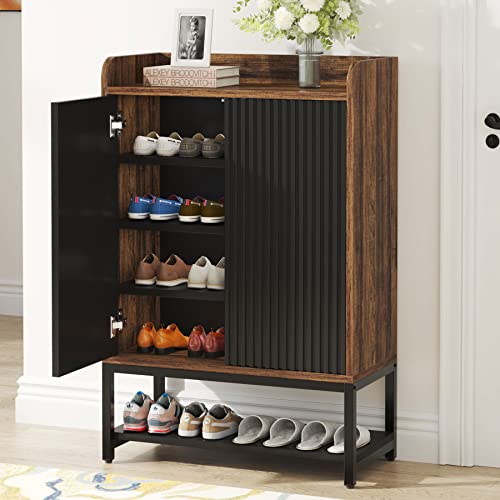 Tribesigns Shoe Cabinet with Doors, 5-Tier Shoe Storage Cabinet for Entryway Hallway, Wooden Shoe Rack Organizer Cabinet for 15-20 Pair of Shoes, Black and Brown (1)