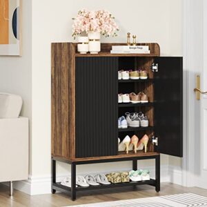 Tribesigns Shoe Cabinet with Doors, 5-Tier Shoe Storage Cabinet for Entryway Hallway, Wooden Shoe Rack Organizer Cabinet for 15-20 Pair of Shoes, Black and Brown (1)